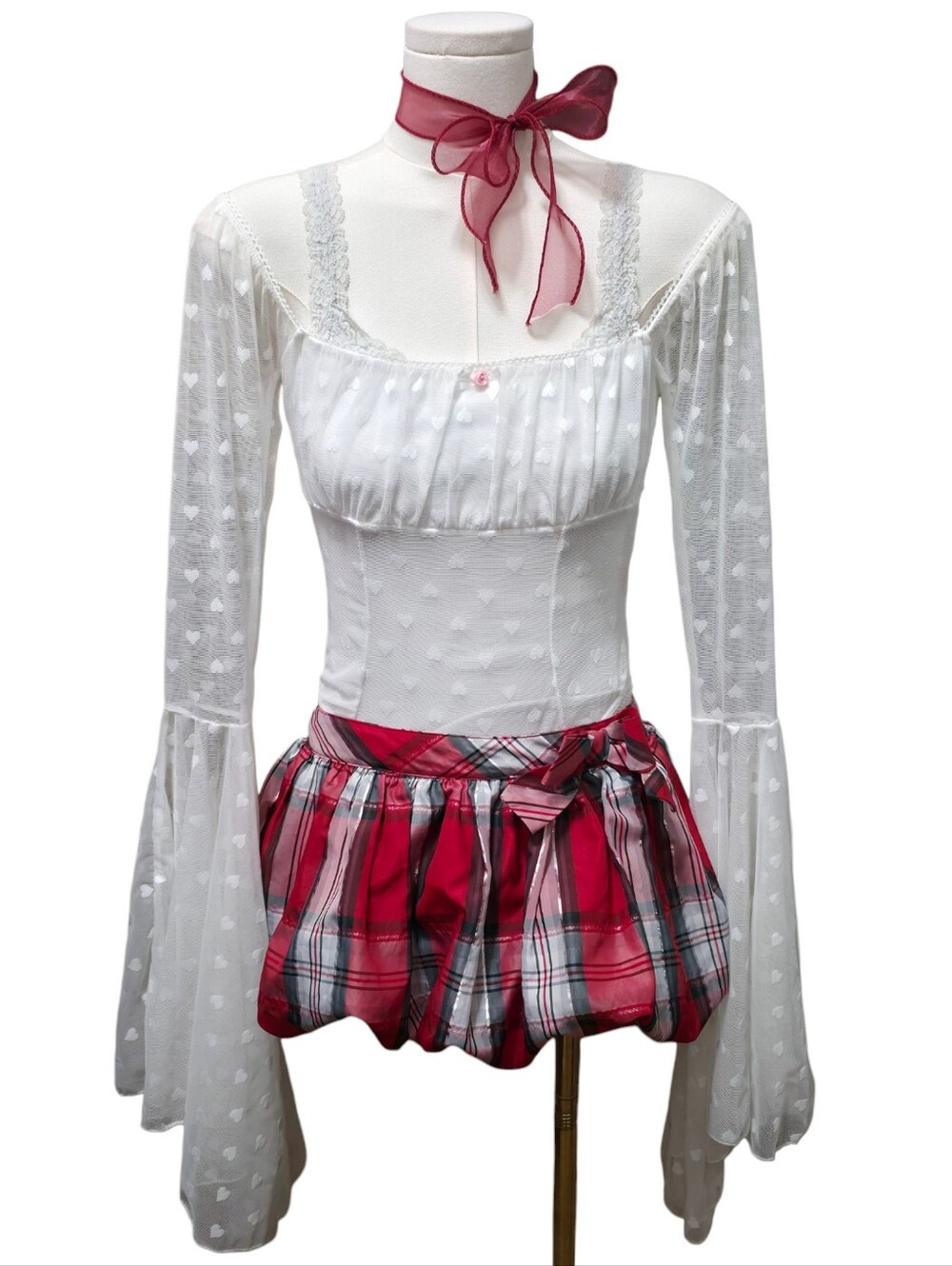 Dolls kill sugar thrillz white heart print mesh long sleeve body suit